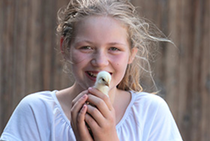 Glückliches Mädchen mit Küken in der Hand auf dem Bio-Bauernhof Kapplermühle, von dem wir unsere Eier beziehen